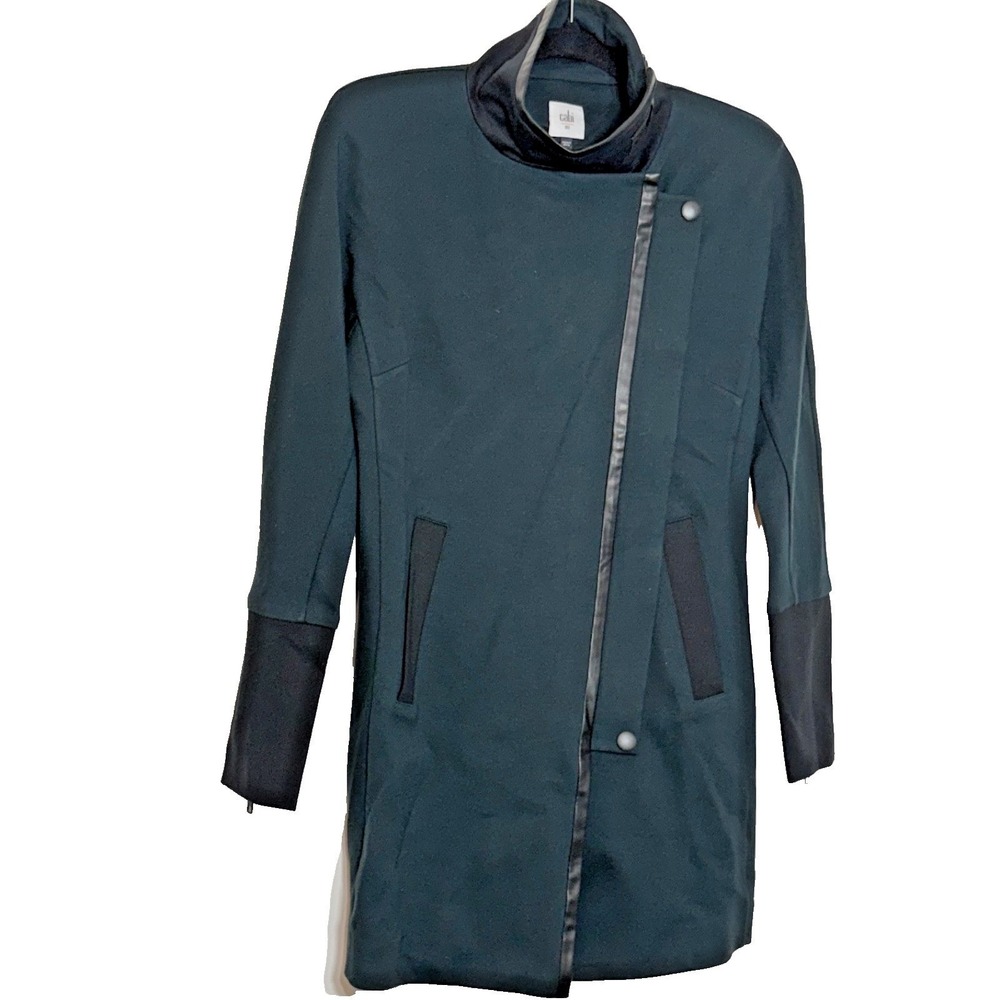Cabi Deep Forest Green Black Faux Leather Trim Renaissance Mid-length Coat XS‎